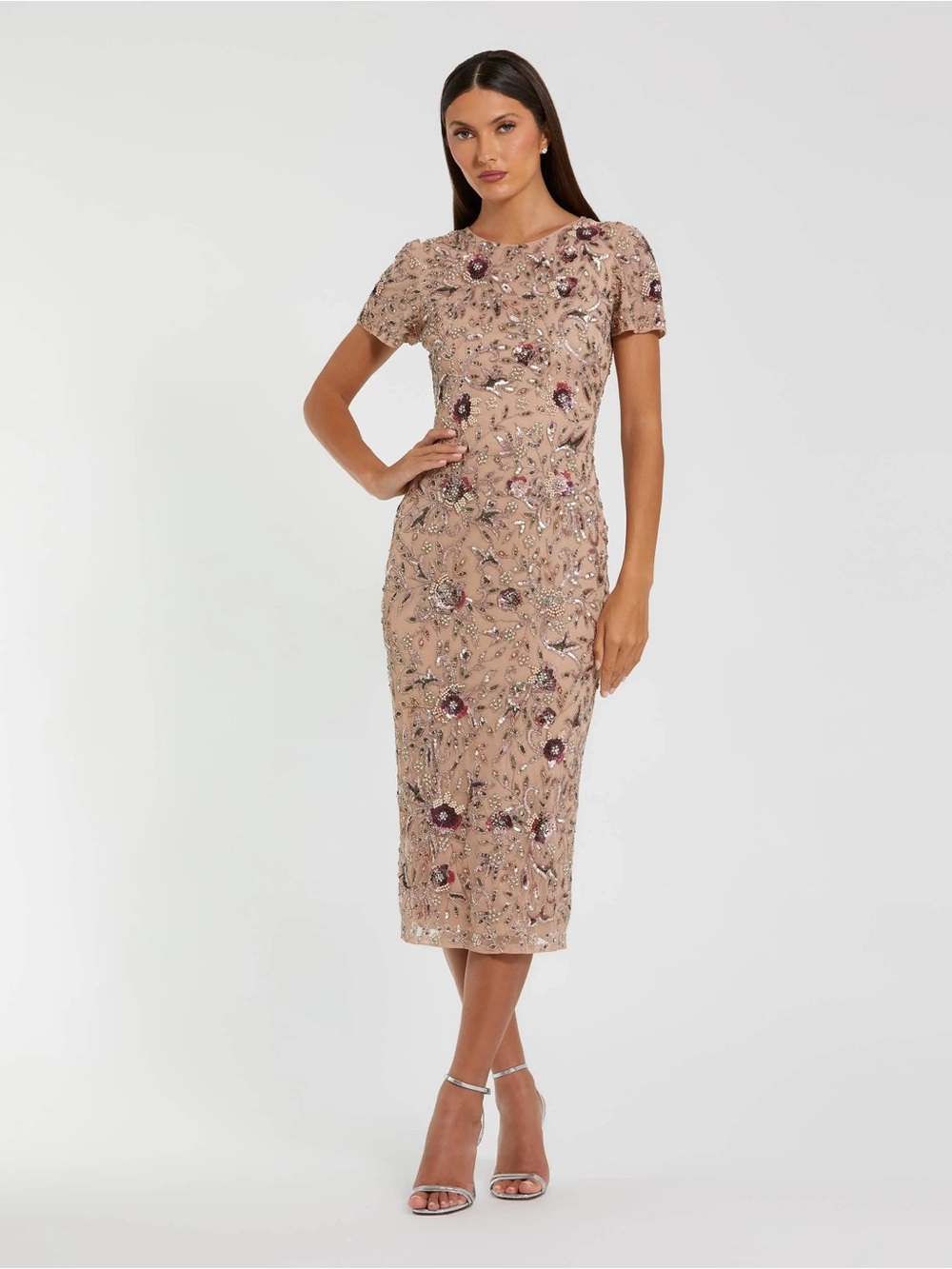 MAC DUGGAL
Beige Floral Embellished Short Sleeve Midi Dress - Picture 3 of 8
